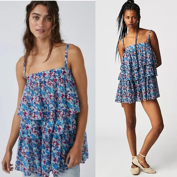 Free People One Talia Tunic Blouse Tiered Ruffle Boho Floral Top size Large - Picture 1 of 16